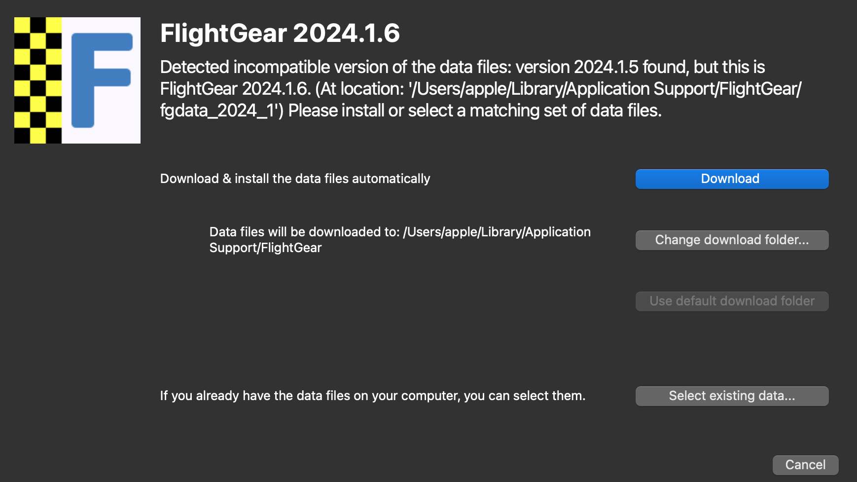 A view of the FlightGear launcher, prompting the user to update their data files, or to select a new location.