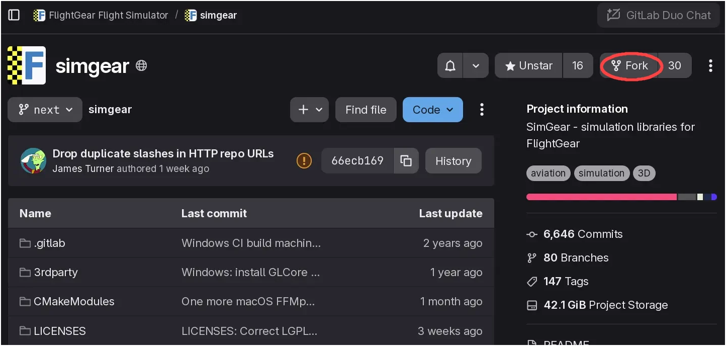 how to find the :guilabel:`Fork` button on the main page of the repository