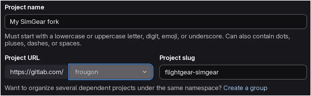 dialog that allows one to enter the project name, URL and slug for a fork